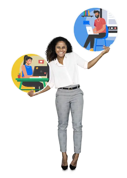 Smiling woman holding circular illustrations of remote IT professionals at desks